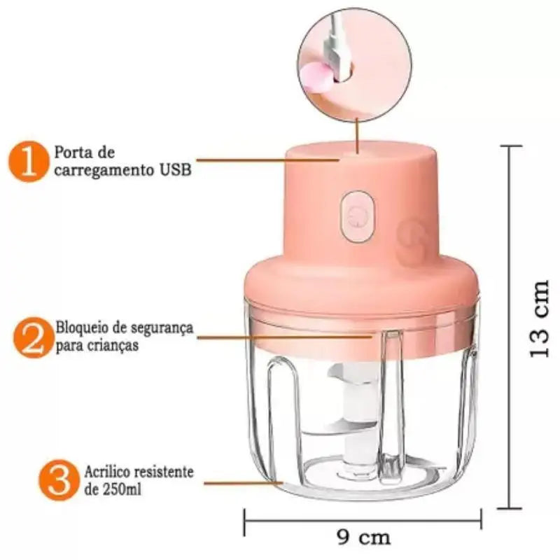 Mini processador de alimentos elétrico 250ml triturador recarregável sem fio